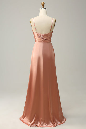 A Line Spaghetti Straps Bright Satin Blush Long Bridesmaid Dress with Slit